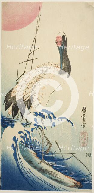 Crane, waves, and rising sun, 1830s. Creator: Ando Hiroshige.