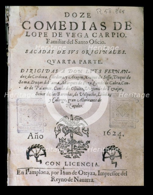 Cover 'Doce comedias' (Twelve comedies) by Lope de Vega, published in 1624 in Pamplona.