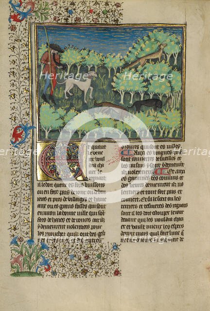 A Hunter and Dogs Pursuing a Fox; Livre de la Chasse, about 1430-1440. Creator: Unknown.