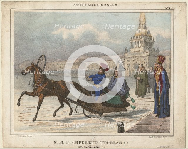 Nicholas I of Russia in a sleigh, 1850. Artist: Anonymous  