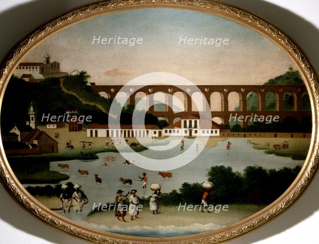  'View of Boqueirao lake and Santa Teresa aqueduct', oil on canvas, 1790, b Leandro Joaquim.