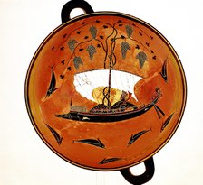 Dionysius in a sailing boat surrounded by dolphins, Ancient Greek dish (Krater), 530 BC. Artist: Unknown