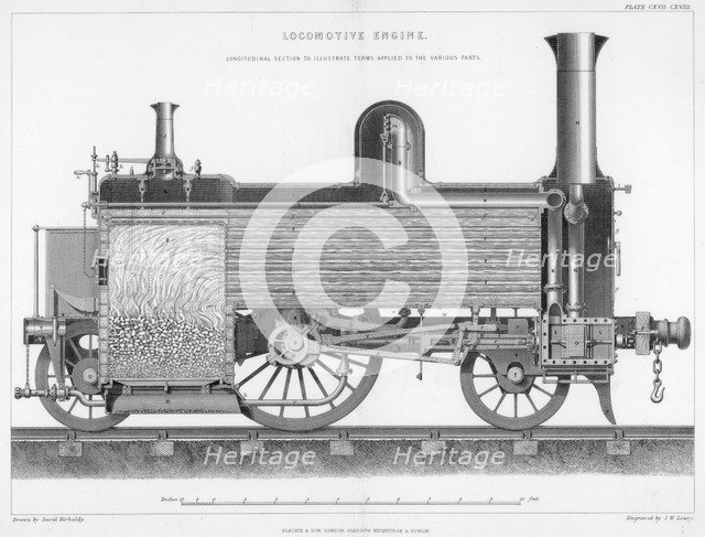 Longitudinal section of a typical British passenger steam locomotive, 1888. Artist: Unknown