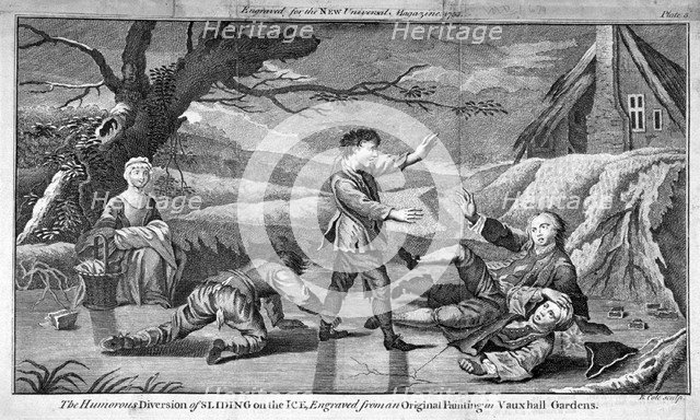 'The Humorous Diversion of Sliding on the Ice', c1745. Artist: Benjamin Cole
