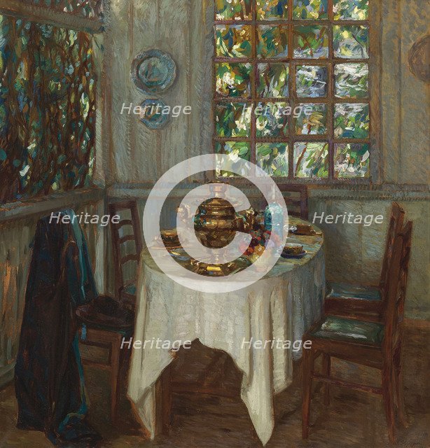 Interior with samovar, 1914. Artist: Zhukovsky, Stanislav Yulianovich (1873-1944)