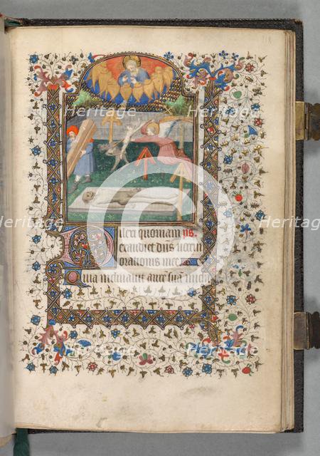 Book of Hours (Use of Paris): Fol. 118r, Angel and Devil Fighting over a Soul, c. 1420. Creator: The Bedford Master (French, Paris, active c. 1405-30), possibly studio or workshop of.