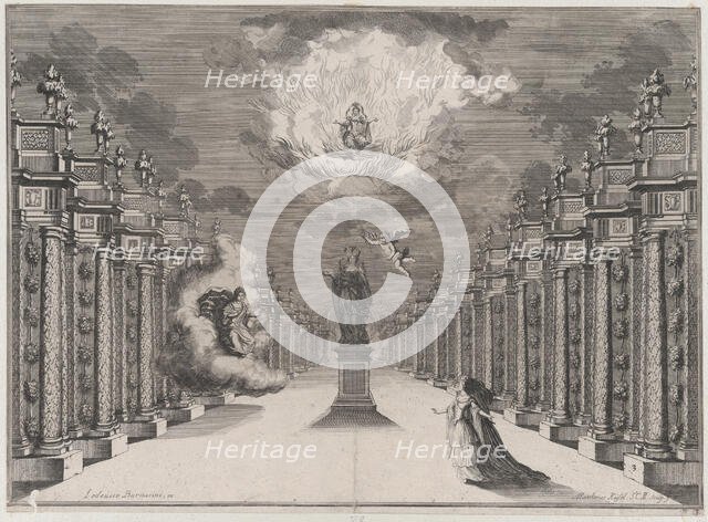 A woman standing on the right side of a road lined with columns; at center a statue of a f..., 1674. Creator: Mathäus Küsel.