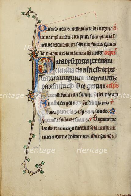 Initial P: The Virgin Mary Opening a Door to a Woman; Ruskin Hours, about 1300. Creator: Unknown.