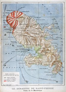 Map showing the eruption of Mount Pelee, Martinique, 1902. Artist: Unknown