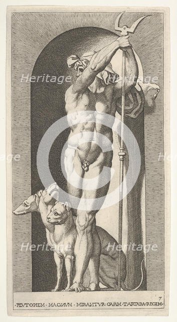 Plate 7: Pluto in a niche, holding a bident, with Cerberus next to him, from a series of m..., 1526. Creator: Giovanni Jacopo Caraglio.
