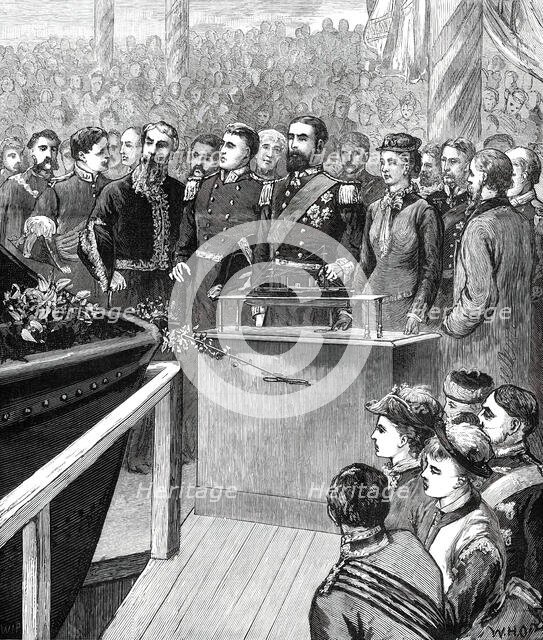 Launch of the Inflexible at Portsmouth...Princess Louise Starting the Ship by Electricity...1876. Creator: W. H. O..