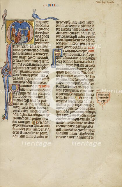 Initial Q: A Judge Pointing to Two Men with a Ram; Vidal Mayor, about 1290-1310. Creators: Unknown, Michael Lupi de Çandiu.