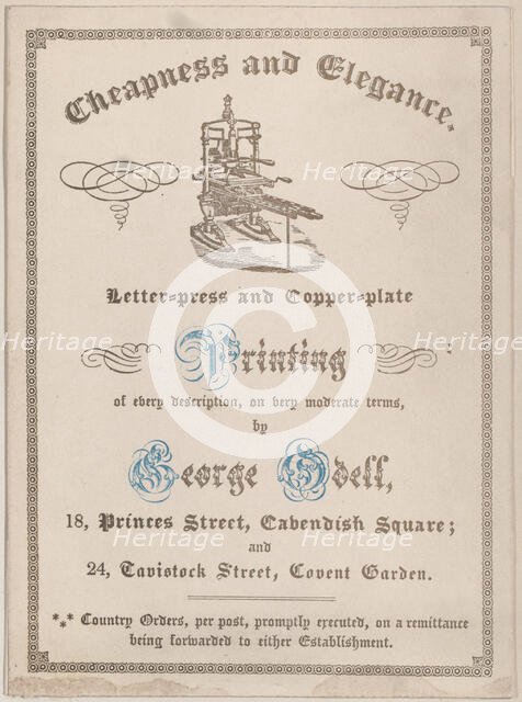 Trade card for George Odell, Printer, 19th century. Creator: Anon.