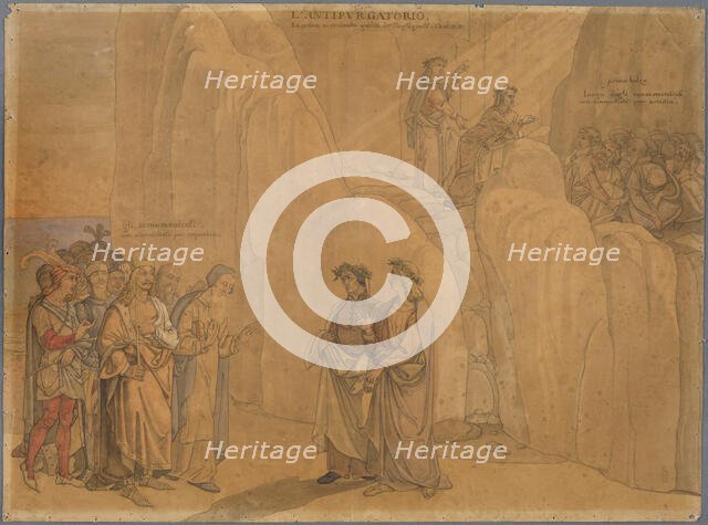 Dante, reaching a rock face, encounters Manfred, the former king of Apulia and Sicily..., 1827-1832. Creator: Johann Anton Ramboux.