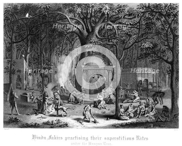 'Hindu Fakirs Practising Their Superstitious Rites Under the Banyan Tree'.Artist: Bell