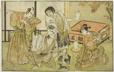 The Actors Iwai Hanshiro IV as Otatsu-gitsune, Nakamura Nakazo I as Raigo Ajari, Sakata..., c. 1772. Creator: Shunsho.