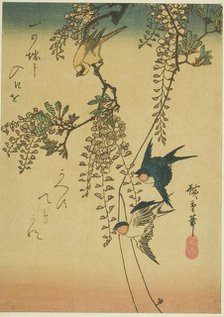 Swallow, yellow bird, and wisteria, 1830s-1840s. Creator: Ando Hiroshige.