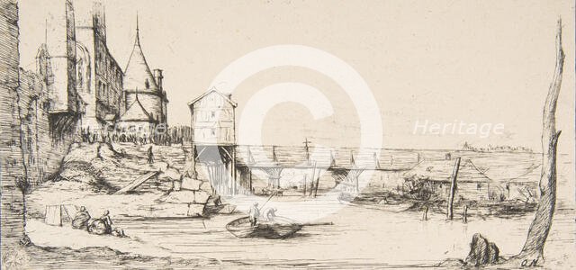 The footbridge temporarily replacing the Pont-au-Change, Paris, after the fire of 1621, af..., 1860. Creator: Charles Meryon.