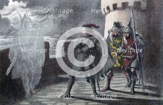 Hamlet seeing his father's ghost on the battlements of Elsinore Castle. Artist: Robert Dudley