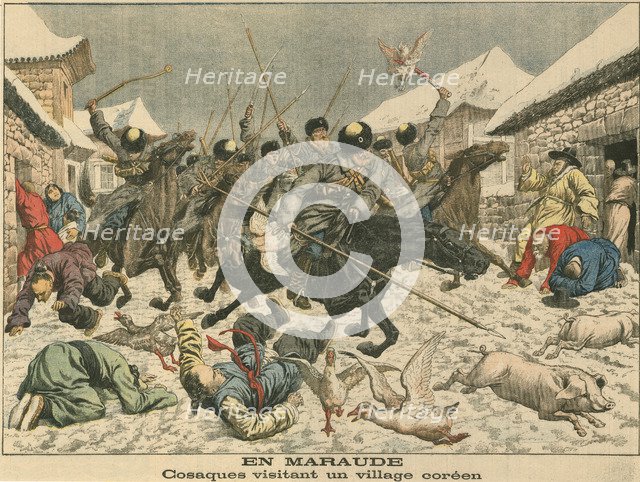 Cossacks terrorising a Korean village, Russo-Japanese War, 1904. Artist: Unknown