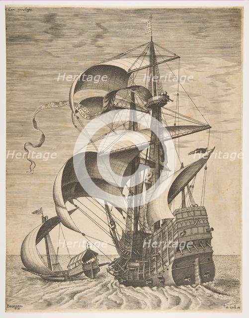 Armed Three-Master on the Open Sea Accompanied by a Galley, from the series Sailing Ves..., 1561-65. Creator: Frans Huys.