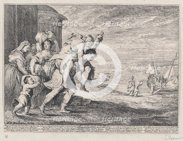 Aeneas fleeing Troy, with a group of six figures leaving the city at left, Aeneas carrying..., 1728. Creator: Anton Joseph von Prenner.