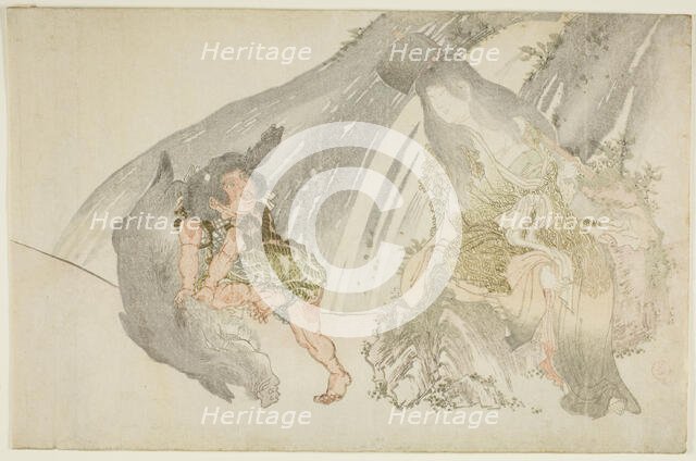 Yamauba Watching Kintaro Wrestle a Boar, Japan, late 18th/early 19th century. Creator: Kubo Shunman.