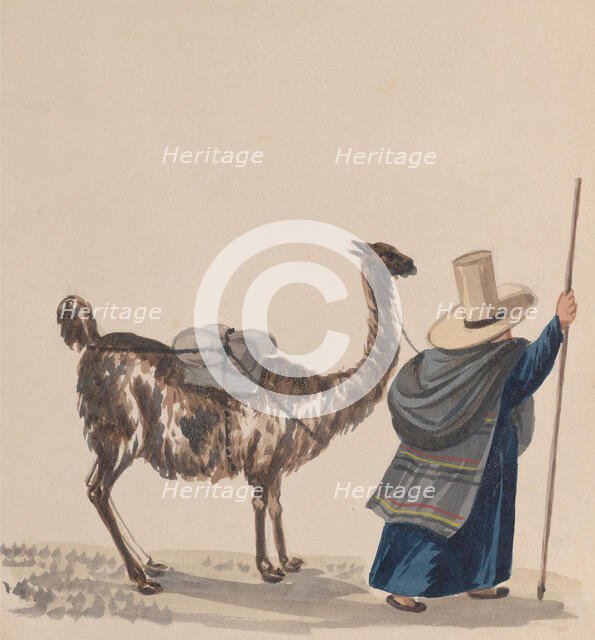 A woman walking with a Llama, from a group of drawings depicting Peruvian costume, ca. 1848. Creator: Attributed to Francisco (Pancho) Fierro.