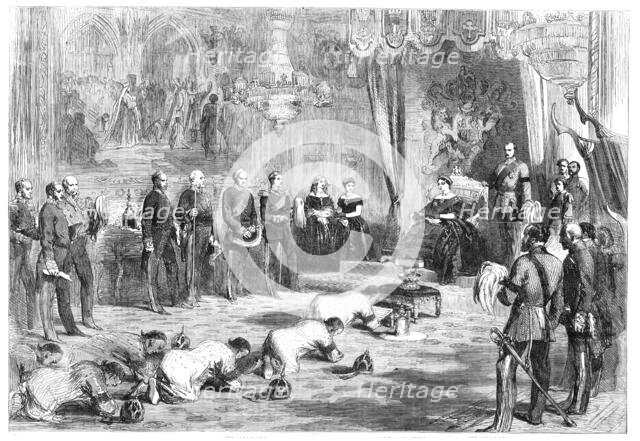 Reception of the Siamese Ambassadors, with Presents, by Her Majesty, at Windsor Castle, 1857. Creator: Unknown.