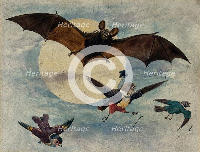 A bat and three fully dressed birds flying by moonlight, 1900. Creator: George Hope Tait.