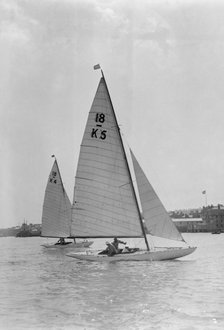 The 18-foot keelboats 'Vanity' (K5) and 'Asphodel' (K4) racing, 1922. Creator: Kirk & Sons of Cowes.
