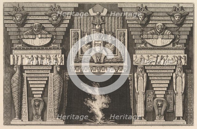 Chimneypiece in the Egyptian style: Two mummies in profile on the left and two figures..., ca. 1769. Creator: Giovanni Battista Piranesi.
