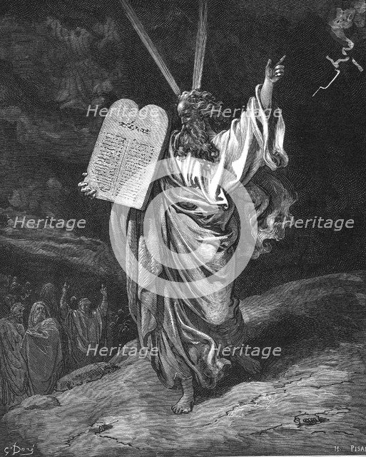 Moses descending from Mount Sinai with the tablets of the law (Ten Commandments), 1866. Artist: Gustave Doré