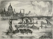 St Paul's Cathedral, Blackfriars Bridge and boats on the River Thames, London, 1914. Artist: E Wilson.