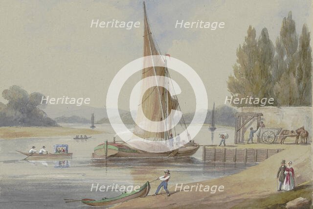 Riverbank with sailing ships, 19th century. Creator: Unknown.