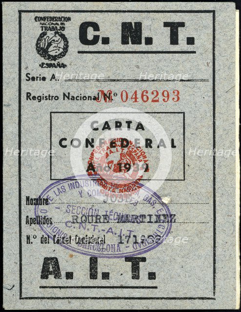 Membership card to the CNT-AIT, 1939.
