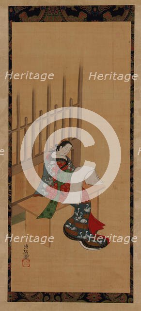 A yujo sitting outside a brothel and looking at a blank paper, 18th-19th century. Creator: Unknown.