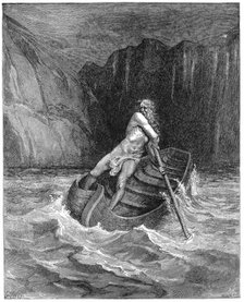 Charon the ferryman rowing to collect Dante and Virgil, to carry them across the Styx, 1861. Artist: Gustave Doré