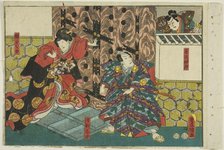 Actors as Fujisawa Shiro, Asari Yoichi, and Hangaku, from an untitled series of half...c. 1851/52. Creator: Utagawa Kunisada.
