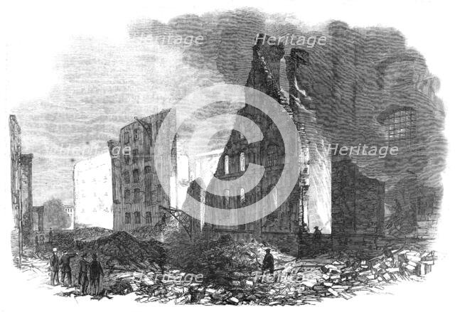 The Great Fire in Southwark: view from Cotton's Yard, showing the spot where Mr. Braidwood..., 1861. Creator: Unknown.