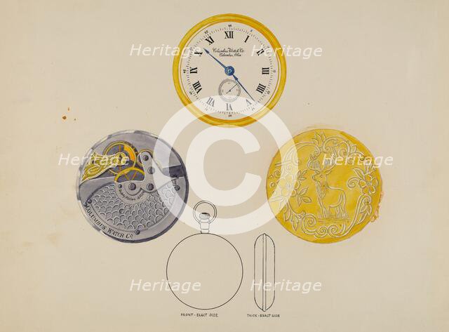 Gold Watch with Frame and Case, c. 1936. Creator: Harry G Aberdeen.