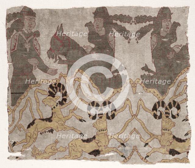 Fragment with Landscape, Hunters and Ibexes, 800s. Creator: Unknown.