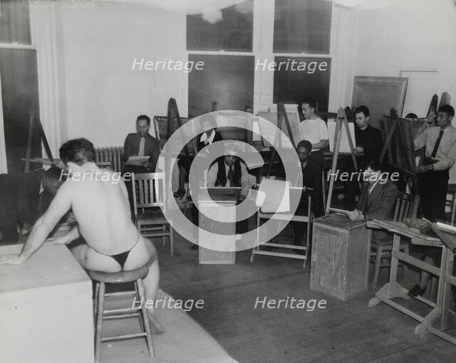 Art class with male subject at the Harlem Community Art Center, 1938. Creator: Basil.