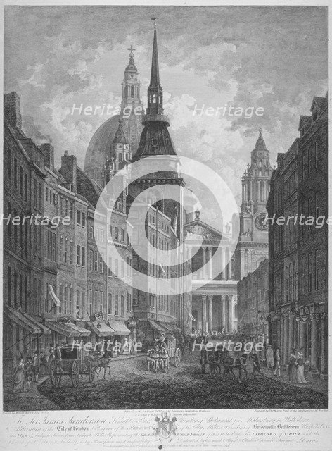 Ludgate Hill, Church of St Martin within Ludgate and St Paul's Cathedral, City of London, 1795. Artist: Thomas Malton II
