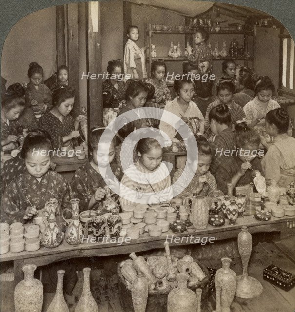 Factory girls decorating cheap pottery for the foreign markets, Kyoto, Japan, 1904. Artist: Underwood & Underwood