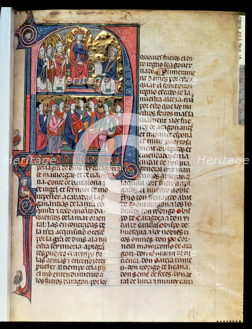 Vidal Canellas offering his text to King James I, Miniature in 'Vidal Mayor', an illuminated manu…