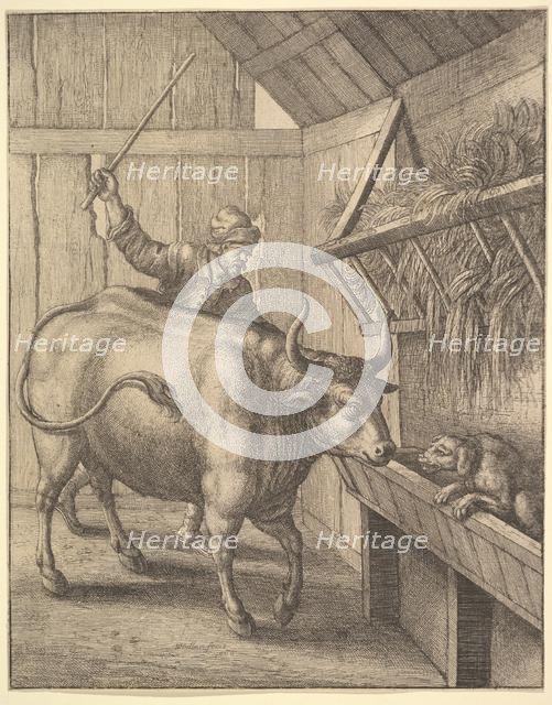 The dog in the manger from illustration to John Ogilby's 'Æsopic's: Or A Second Collection..., 1666. Creator: Wenceslaus Hollar.