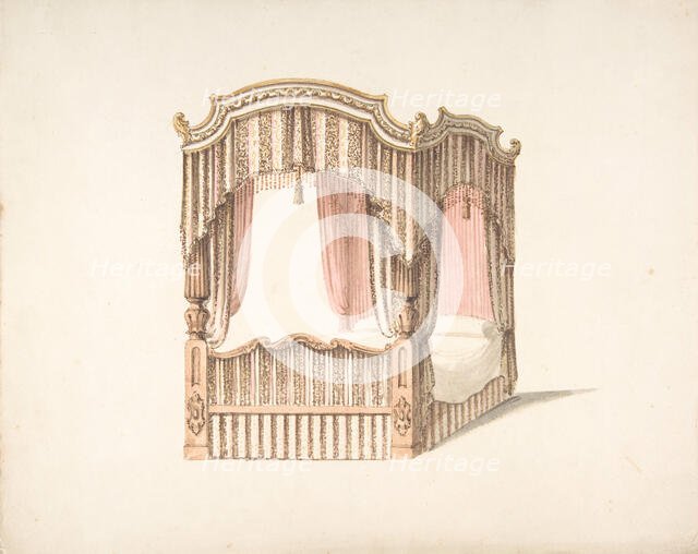 Design for a Curtained Four Poster Bed with Brown, Pink and White Striped..., early 19th century. Creator: Anon.