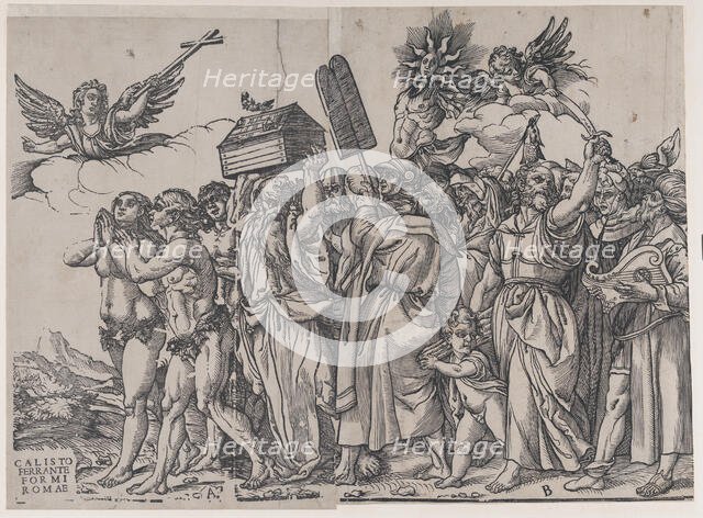 Section A: an angel holding a cross at upper left, Adam and Eve below, from The Triumph of..., 1836. Creator: Andrea Andreani.