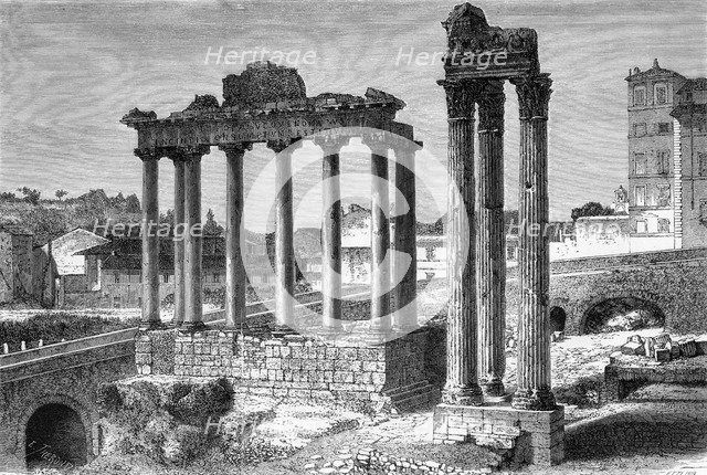 The Temples of Saturn and Vespasian, the Roman Forum, Rome, Italy, 19th century.Artist: Ettling